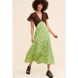 Lisa Says Gah Grace Midi Dress Green Multi V-Neck Short Sleeve Hearts Small Ad5